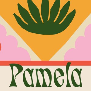 May include: A digital illustration of a name card with the name "Pamela" in green text. The background is a geometric pattern of pink, orange, and green.
