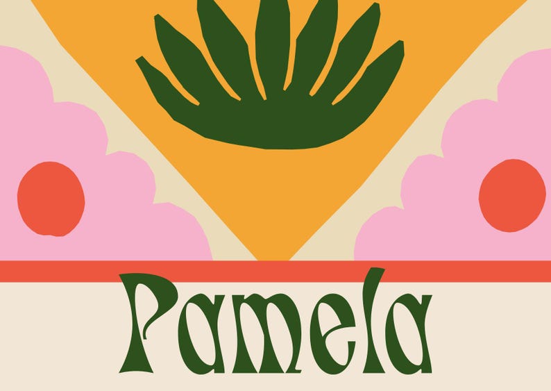 May include: A digital illustration of a name card with the name "Pamela" in green text. The background is a geometric pattern of pink, orange, and green.