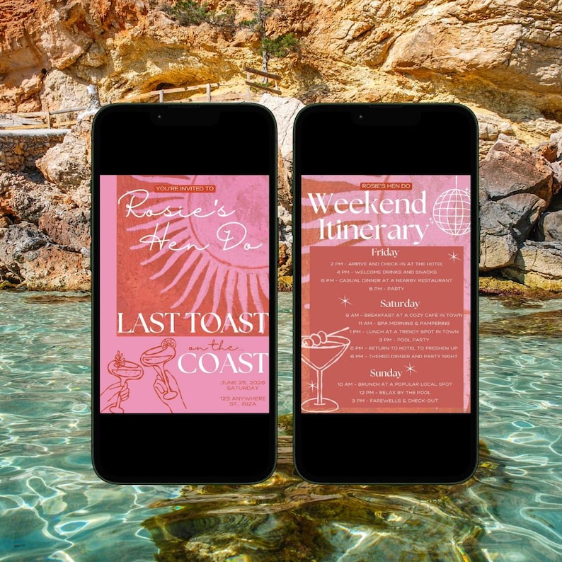 May include: Two smartphones displaying pink and coral invitations for a bachelorette party. The left phone shows "Rosie's Hen Do" and "Last Toast on the Coast." The right phone shows a weekend itinerary with a disco ball graphic.