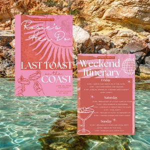 Plantilla editable de itinerario para invitación de despedida de soltera / Último brindis en la costa / Invitación de Canva para despedida de soltera en terracota rosa / Playa Ibiza