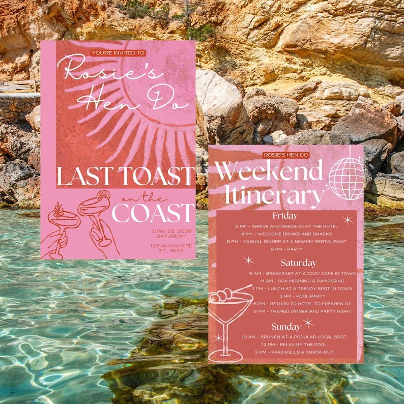May include: Two pink event invitations with the text "Rosie's Hen Do" and "Last Toast on the Coast". The second invitation is a weekend itinerary with a disco ball graphic and a list of activities.