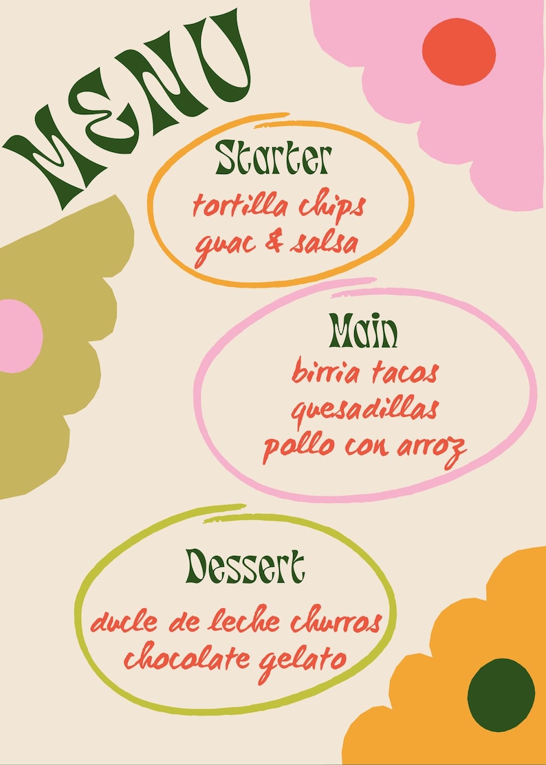 May include: A colorful menu with a whimsical font. The menu is divided into three sections: Starter, Main, and Dessert. The menu items include tortilla chips, guacamole and salsa, birria tacos, quesadillas, pollo con arroz, dulce de leche churros, and chocolate gelato.