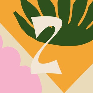 May include: A white number two on a yellow background with a green leaf design. The number two is partially obscured by a pink flower.