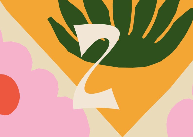 May include: A white number two on a yellow background with a green leaf design. The number two is partially obscured by a pink flower.