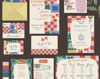 Retro Floral Wedding Invitation Suite: Colorful Editable Templates (PDF)