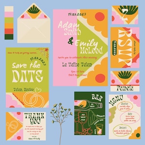 Retro Floral Wedding Invitation Suite: Colorful Editable Templates (PDF) image 1
