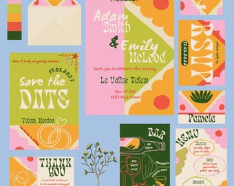 Retro Floral Wedding Invitation Suite: Colorful Editable Templates (PDF)