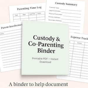 Könnte beinhalten: Eine Sammlung druckbarer PDF-Seiten für einen Custody & Co-Parenting Binder. Die Seiten umfassen ein Protokoll der Elternzeit, eine Zusammenfassung der Obsorge, die Einbindung der Eltern und einen Ausgaben-Tracker. Der Text lautet "VALUE PAGES".