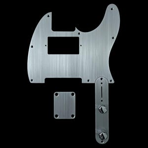May include: Brushed aluminum guitar pickguard and control plate set. The pickguard has a rectangular cutout and multiple screw holes. The control plate features two knobs. A small rectangular plate with four holes is also included. All pieces are silver.