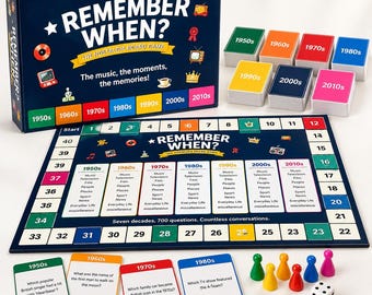 May include: A Remember When? board game set featuring a dark blue box, a game board with numbered spaces from 1 to 40, color-coded decade card decks from the 1950s to the 2010s, six colored plastic player pawns, and one standard six-sided white die.