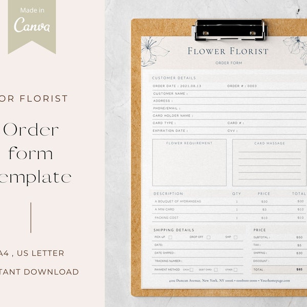 Order form template for florist | Canva Editable | Printable | Modern | Small business | Instant Download