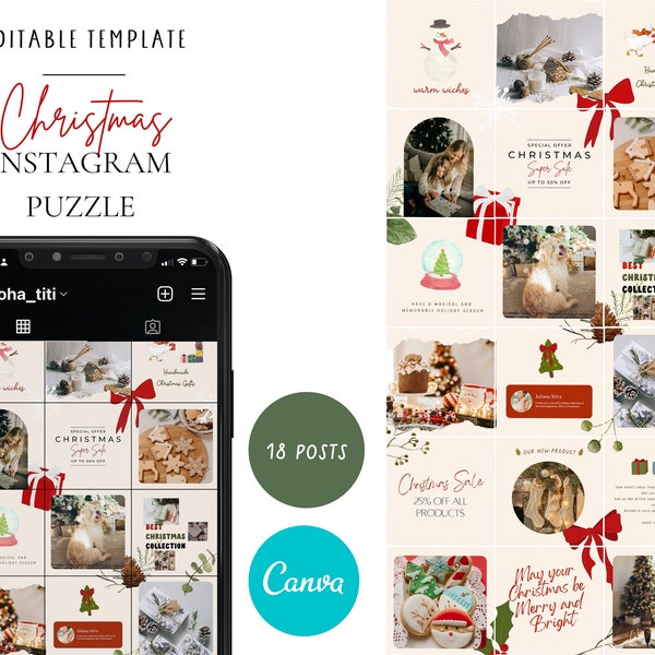 Modèle de puzzle Instagram de Noël Canva | Grille d'alimentation 18 messages | Modèles de médias sociaux | Modèles de publication Instagram | Trousse de marque