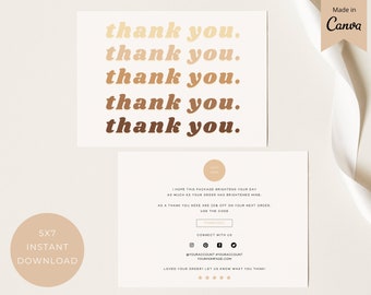 BOHO Retro Thank You Card Business Template, Double Sided, Canva Editable, Simple, neutral , Package Insert, for your order, purchase