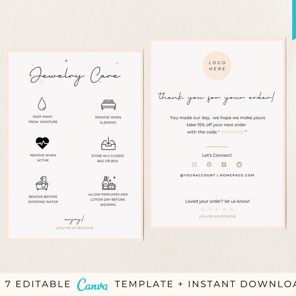 Jewelry care instructions card Template | Canva Editable | Thank you card | Simple |  Package Insert | for your order card