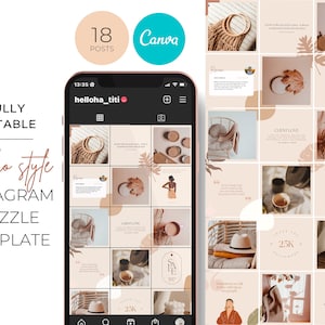Instagram Puzzle Feed Template Canva Boho 18 Post Puzzle Neutral Simple ...