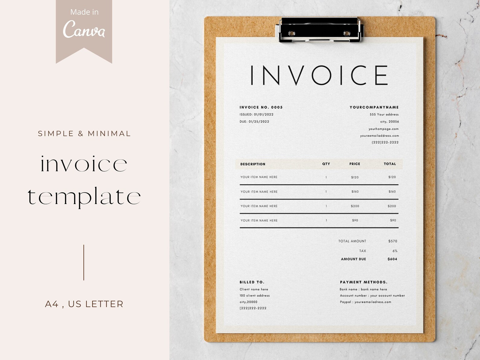 Simple Invoice Template Canva editable Printable A4 US | Etsy