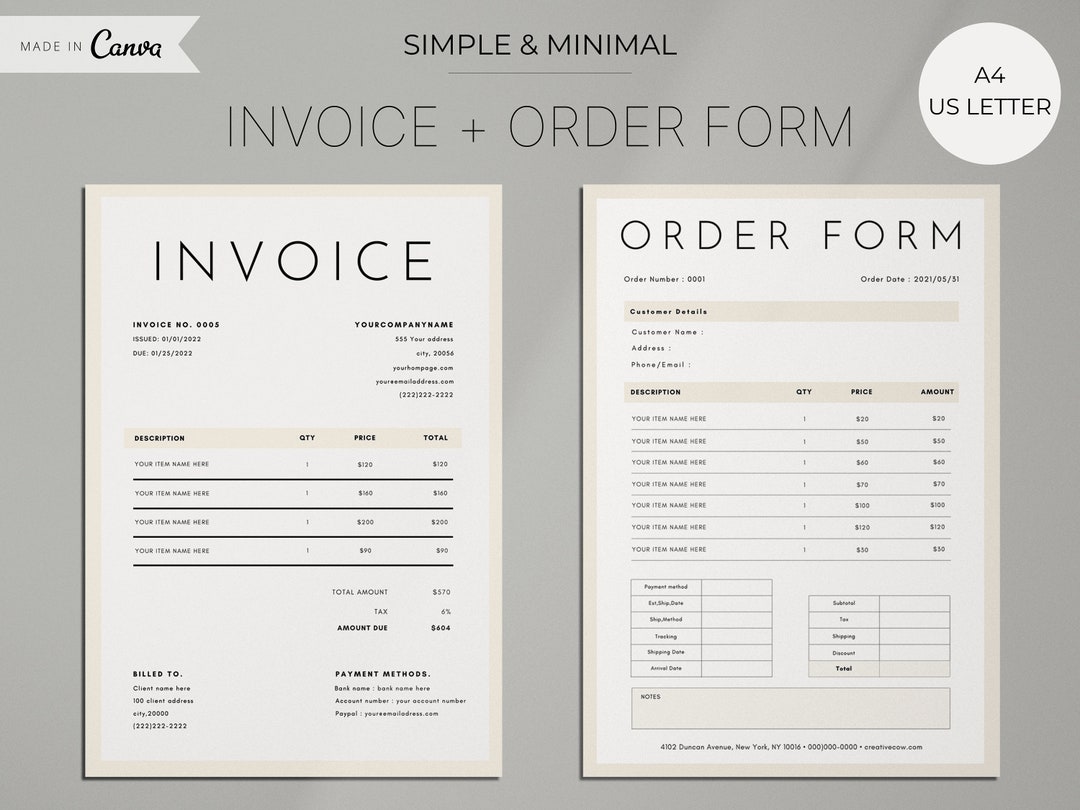 Canva Order Form Invoice Bundle Template , Beige Simple Canva Editable ...