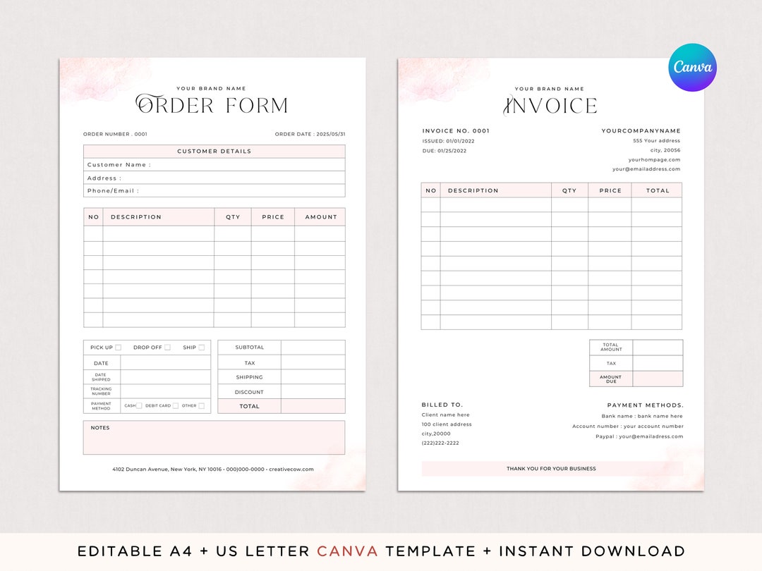 Editable Order Form Template Bundle Canva Printable Invoice A4, US ...
