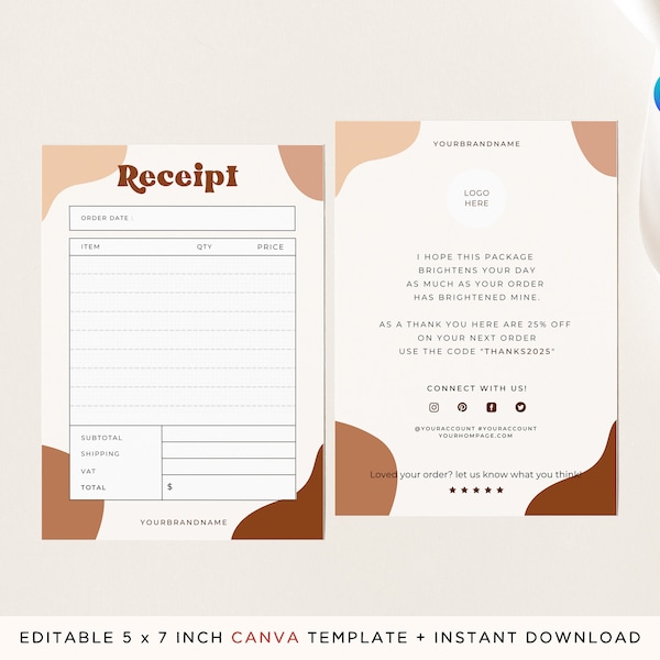 BOHO Receipt template Editable Canva | Vintage Thank you card | Packaging inserts | Bill, Order form