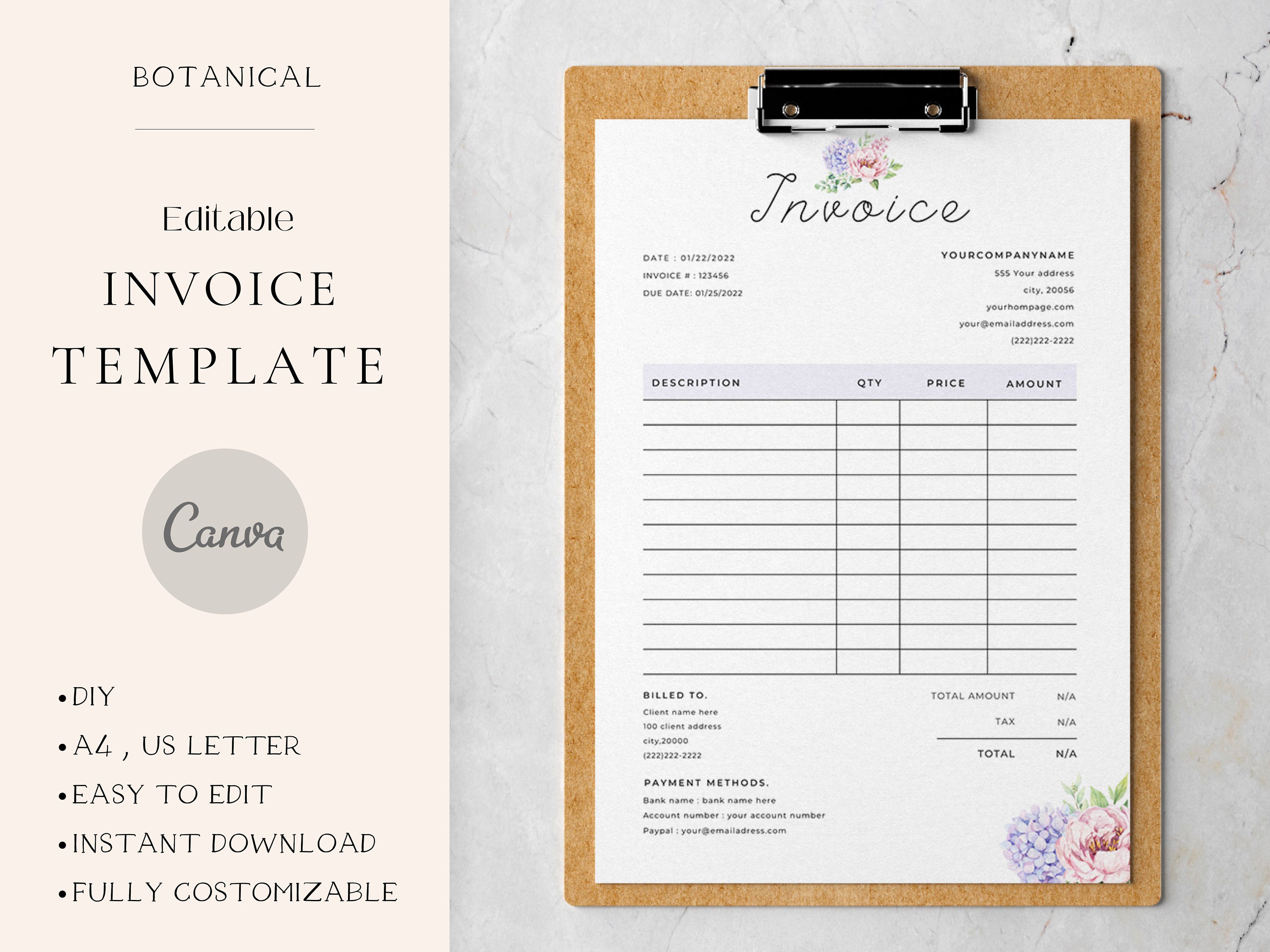 canva-flower-invoice-template-botanical-editable-printable-etsy