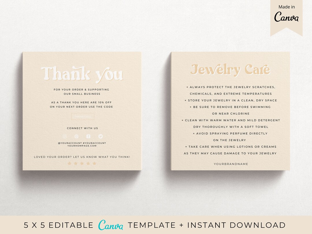 Jewelry Care Card Template Canva Editable Thank You Card Minimal