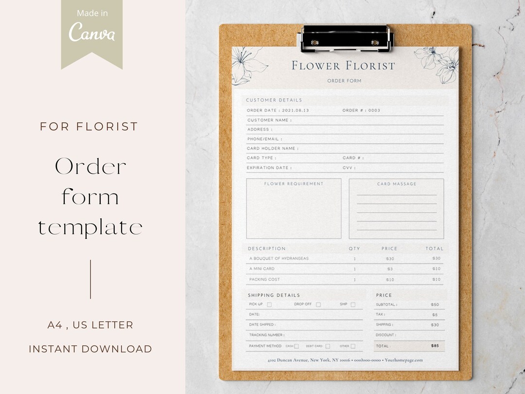 Order Form Template for Florist Canva Editable Printable Modern Small ...