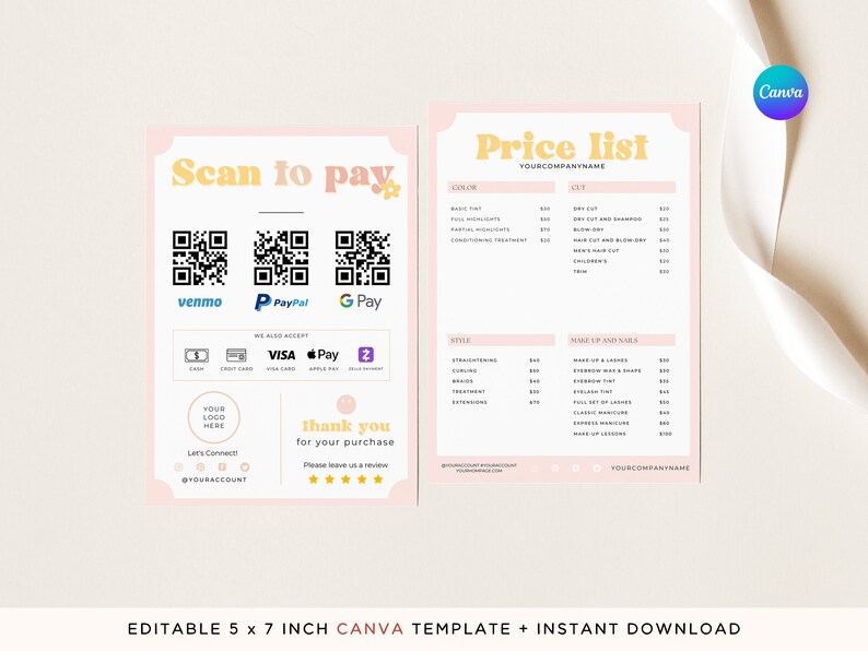 SET of 2 Price List & Scan to Pay Template Canva Editable Etsy