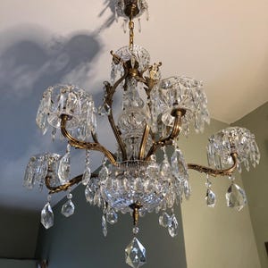 Unique antique German  elegant 6 arm large solid bronze gold hanging chandelier with crystal bowls, fully restored, floral motif details.