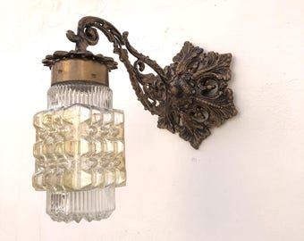 Single unique antique bronze wall sconce with shade/ single wall lamp / sconce with glass shade/ ornate floral details / All customs paid