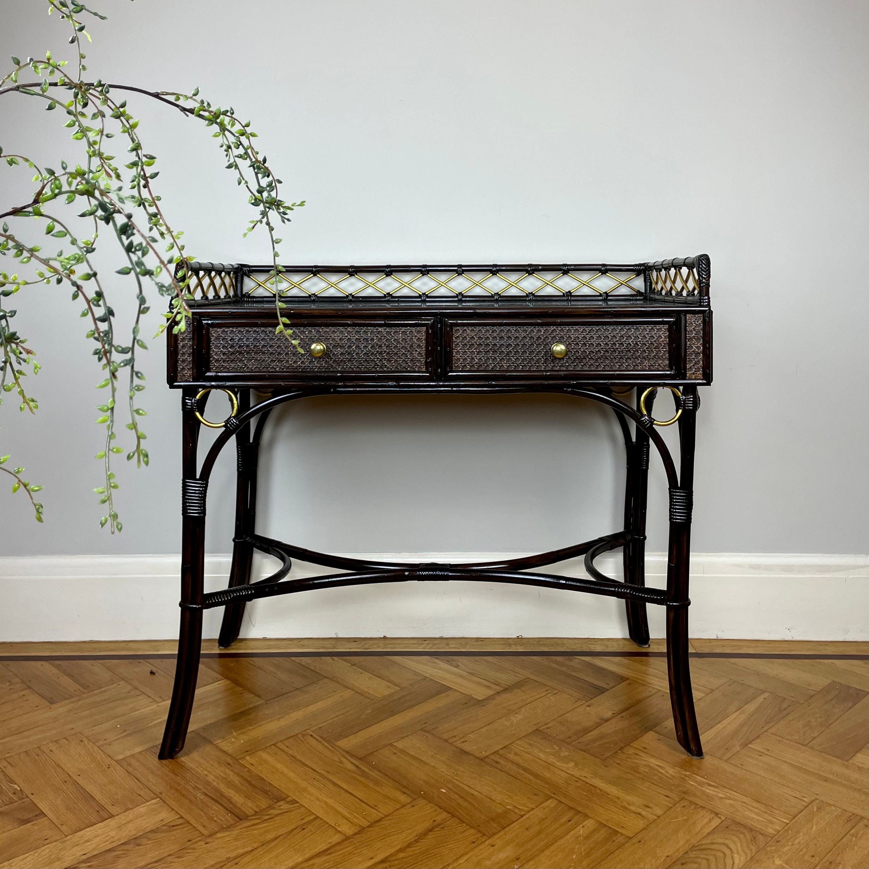 Vintage Bamboo rattan Cane Dressing Table desk Dark Brown Mid century Boho Eclectic Style One of a Kind Console Makeup Vanity With Glass Top Etsy
