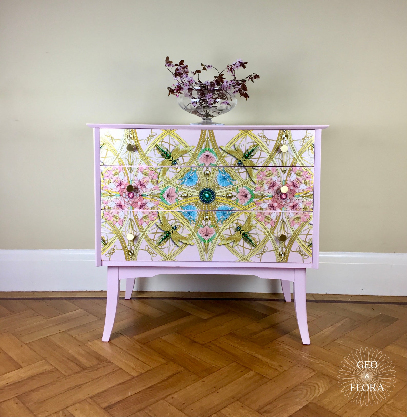 Pink Vintage Chest of Drawers Painted Vanity Decoupaged With Etsy UK