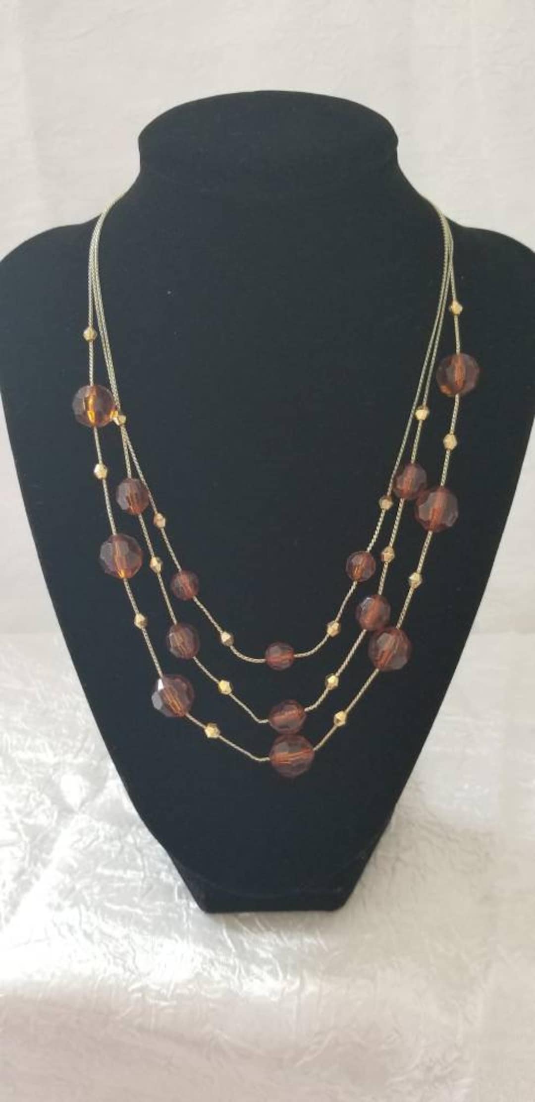Necklace, Costume Jewelry, Beads, Amber Colored, Vintage Necklace, 3
