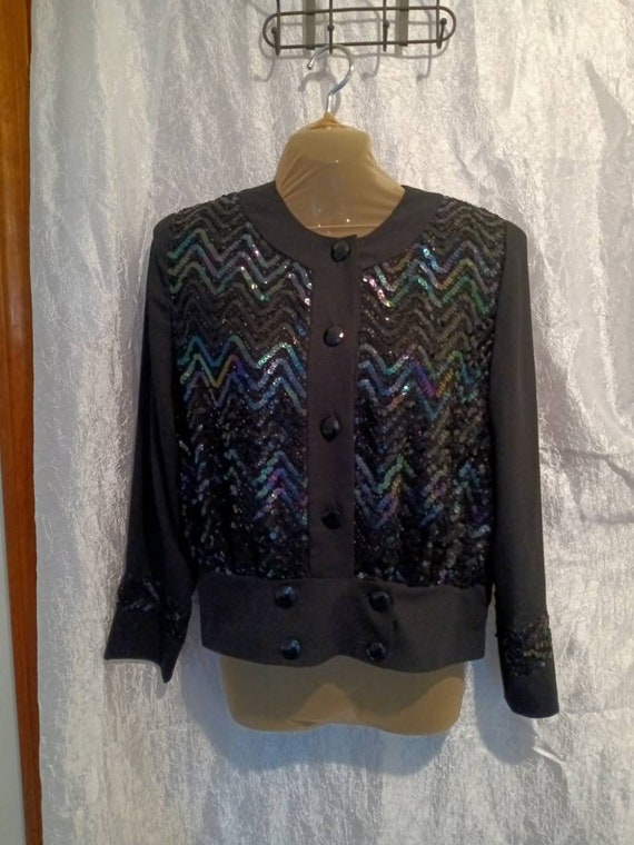 Top, jacket, women's top, women's jacket, evening top, sequins top, wedding top, junior top, vintage top, 80's top, costume top, dressy blac
