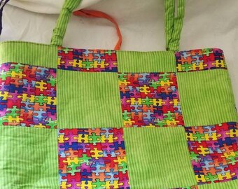 Tote, Handmade, Reversible Tote, Autism Awareness Pattern,  Collectable Tote,  Shoulder Tote, Beach Bag, Grocery Tote