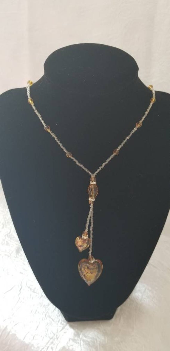 Necklace,  Bead Necklace,  Heart Necklace, Vintage Necklace,  Amber Heartn Double Heart Necklace