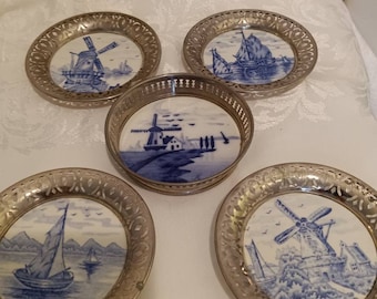 Coasters, vintage coasters, Germany coasters, windmill coasters, ship coasters, porcelain coasters, Made in Germany coasters, blue and white
