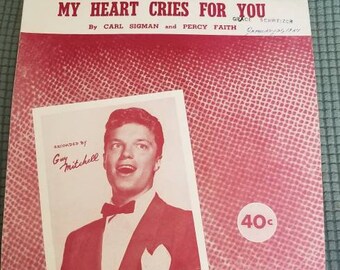 My Heart Cries for You, Guy  Mitchell , Massey Music, New York,  Sheet Music,  Vintage Sheet Music,  Vintage , Collectables ,