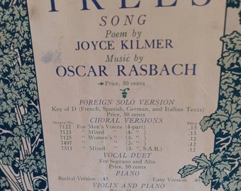 Trees, music, vintage sheet music, classic sheet music, Oscar rasbach, Joyce kilmer, vintage collection, sheet music collectables, trees,