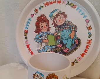 Vintage plate and cup, collectables, raggedy Ann and Andy, plastic set, 1969, bobbs-merrill, Oneida deluxe,  kids dish set, kids plates, kid