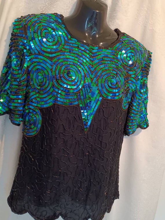 Evening blouse, beaded silk top, vintage evening … - image 2