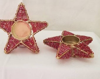 Candle Holders,  Candle,  Tealight, Handmade,  Tealight Candle Holders,  Brass and Beads Candle Holders,  Red Tealight