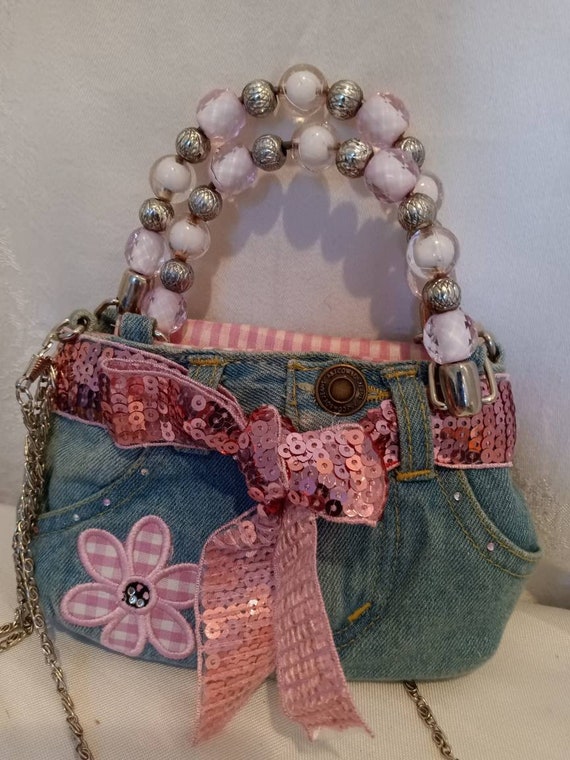 Mini denim booty bag, vintage bag, girls bag, dung