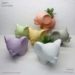 Könnte beinhalten: Satz mit sechs elefantenförmigen Beton-Pflanzgefäßen in verschiedenen Pastellfarben, darunter rosa, grün, gelb, lila, weiß und grau. Die Pflanzgefäße sind alle gleich groß und haben die gleiche Form und ein kleines Loch im Boden für die Drainage. Die Pflanzgefäße sind perfekt für kleine Pflanzen oder Sukkulenten.
