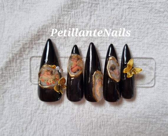 Obsession for U | Black Nail | Gold | Angel | Renaissance | Handpainted |  Handmade | Press on | False Nails | Picnic Date | for Her | Cute - Etsy