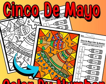 Cinco De Mayo Color by Number, Coloring Pages for Kids, Coloring Guide, Addition & Subtraction Within Ten, Math Worksheets for Holidays