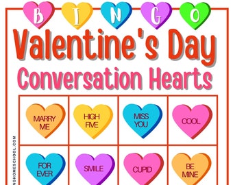 Valentine's Day Bingo with Conversation Hearts for Kids, Valentines Bingo for Kindergarten, Bingo Cards, Games for Kids, Party Games