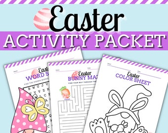 Easter Activity Sheets Packet, Word Searches, Cross Word, Coloring Pages, Mazes, Hidden Message, Kids School Packet - Gnome Themed