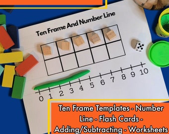 Ten Frame Counting, Number Line, Flash Cards, Worksheets, Addition and Subtraction Math, Play Dough Mat, Kindergarten