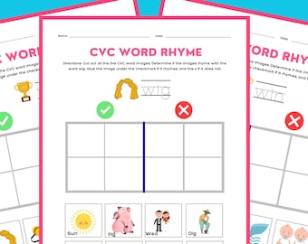 Rhyming CVC Words Worksheets, Rhyming Activities for Kindergarten or 1st Grade, Rhyming Objects and Pictures, Word Families, Printable PDF