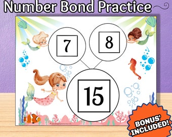 Number Bonds Template With Worksheets For Kids - Mermaid Theme